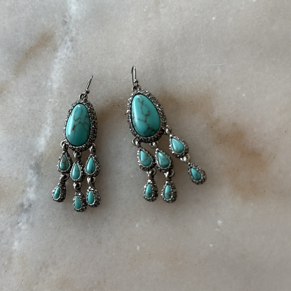 Lucky Brand Turquoise Crystals Rhinestone Earrings Silver Dangle Earrings - Picture 5 of 17